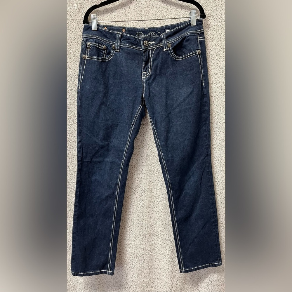 MISS ME Easy Skinny JE5735ESN Fleur de Lis Stretch BLING Dark Wash | size 28